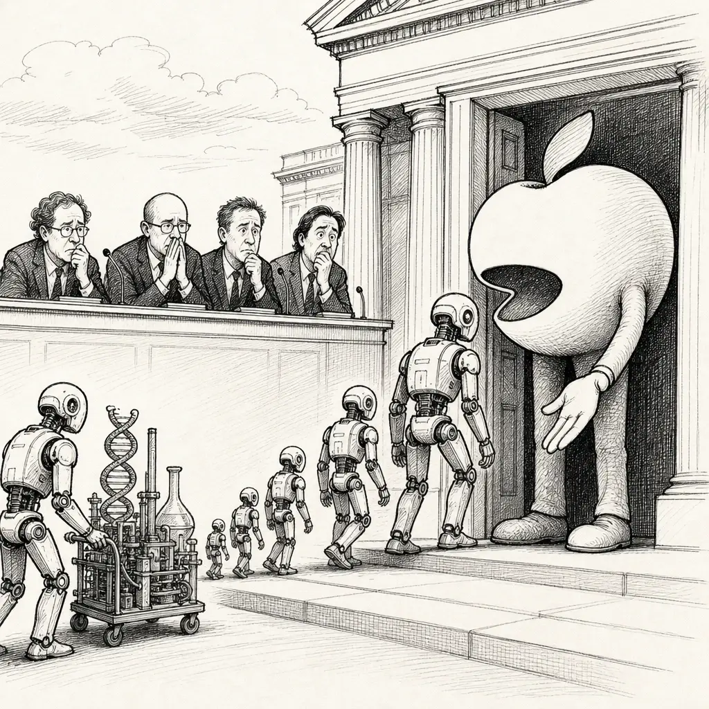 Editorial cartoon: The recursion arrives, and Apple waves it in