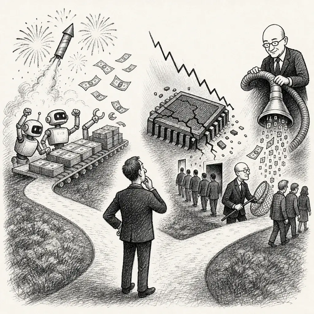 Editorial cartoon: The AI money story splits in two