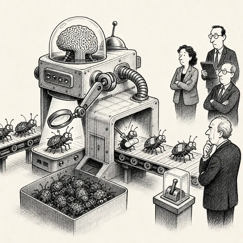 Editorial cartoon: Bug-hunting becomes an AI product category
