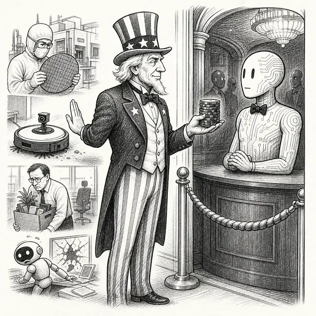 Editorial cartoon: Washington becomes AI's banker and its bouncer