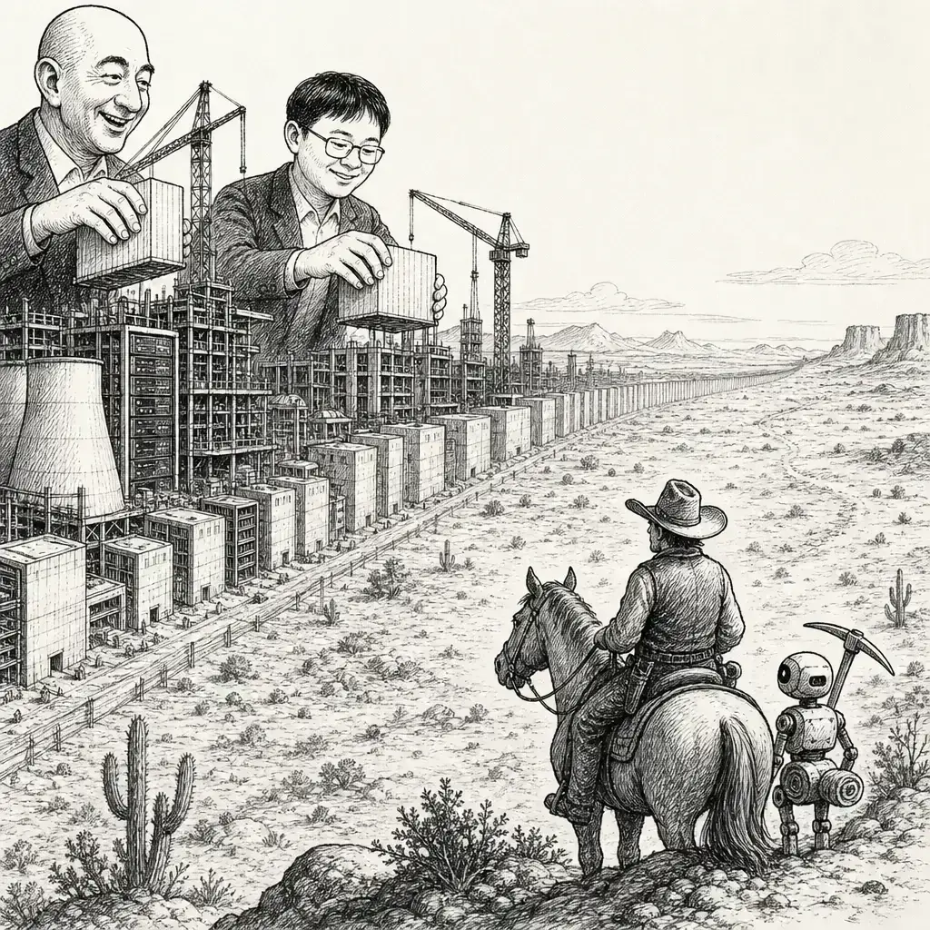 Editorial cartoon: The build-out gets bigger, the frontier gets cheaper