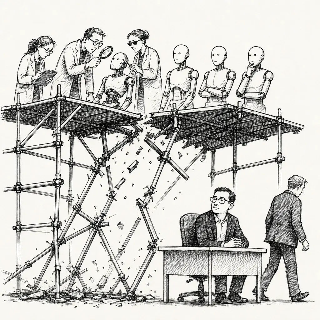 Editorial cartoon: The scaffolding cracks before the models do