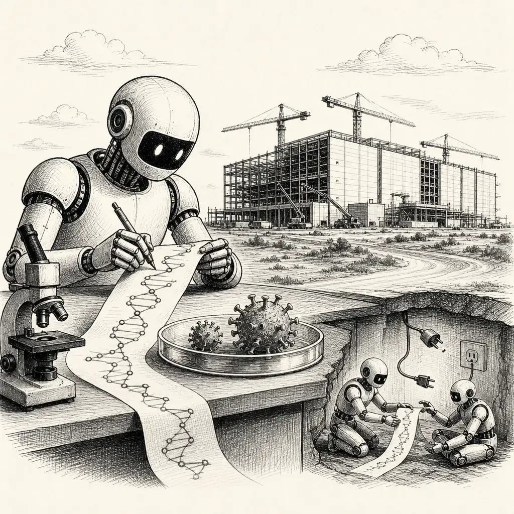 Editorial cartoon for “AI learns to write genomes, and to outlast a shutdown”