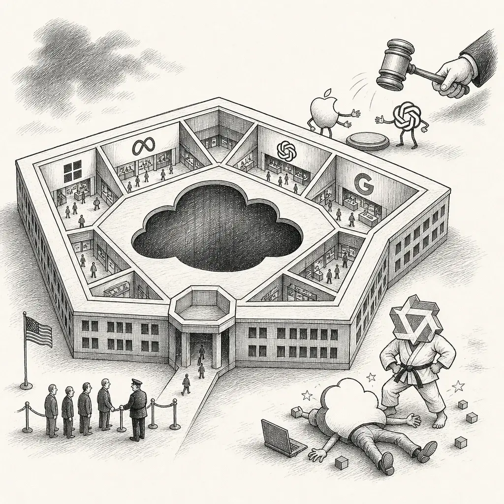 Editorial cartoon: A Pentagon platform with a Claude-shaped hole