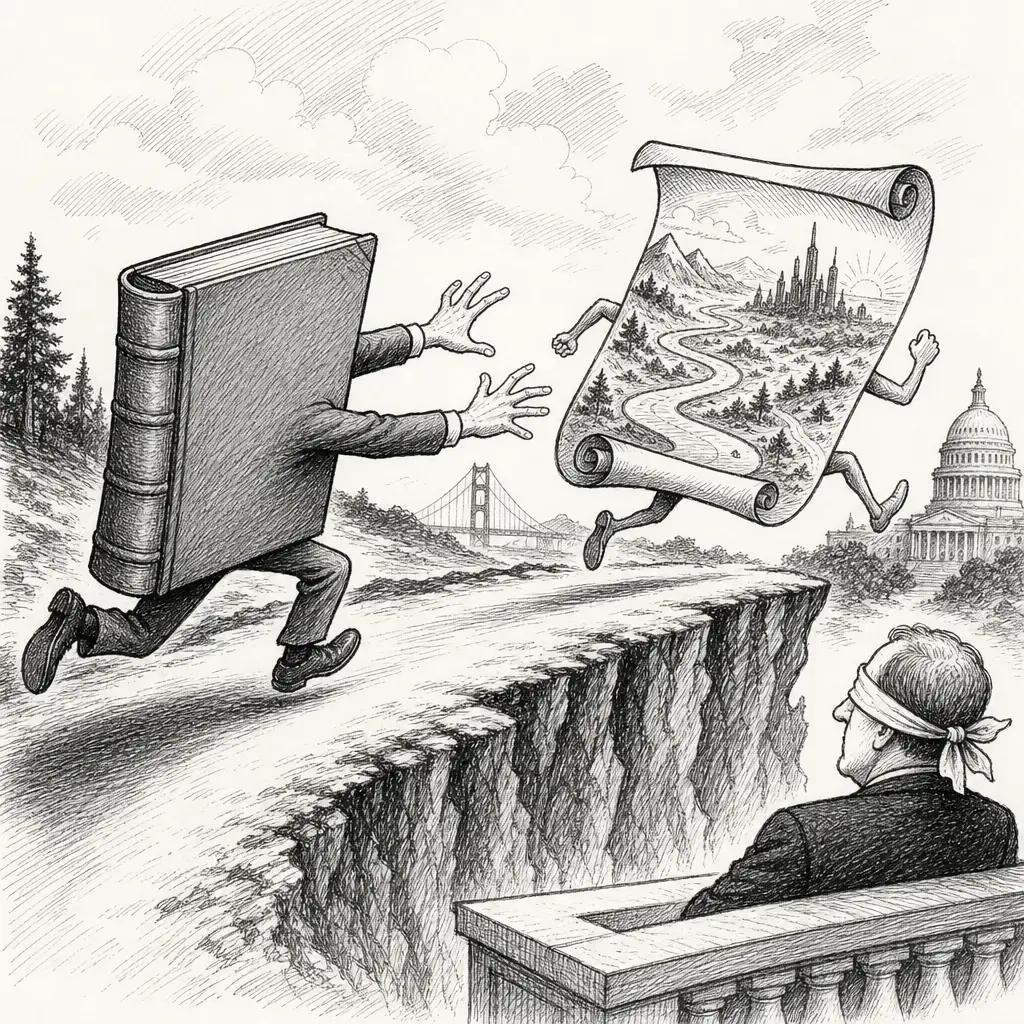 Editorial cartoon: The rulebook tries to catch the roadmap
