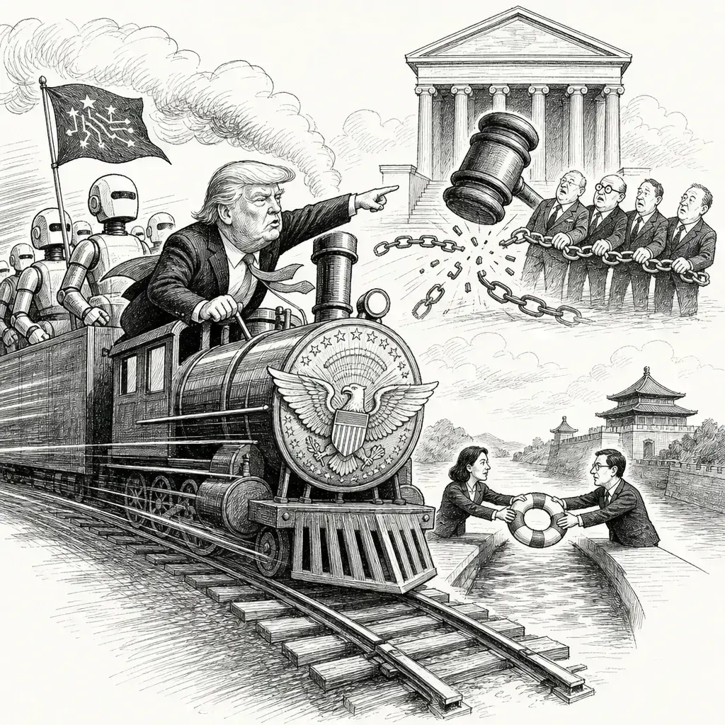 Editorial cartoon: Trump orders full speed as a slowdown pledge becomes a lawsuit