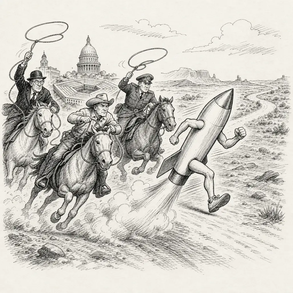 Editorial cartoon: The frontier race outruns its own referees